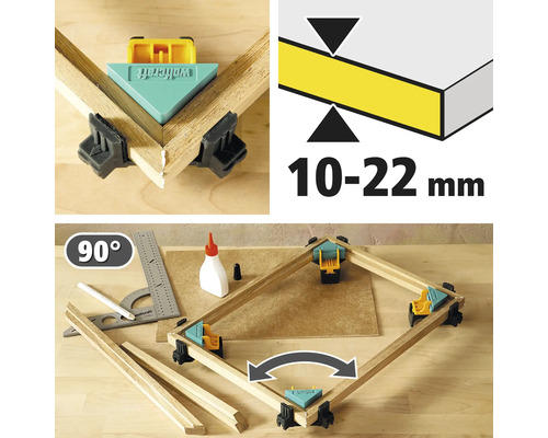 Werkstück mit Eckspannzwingen, Winkel 90 Grad und Materialstärke 10 bis 22 Millimeter