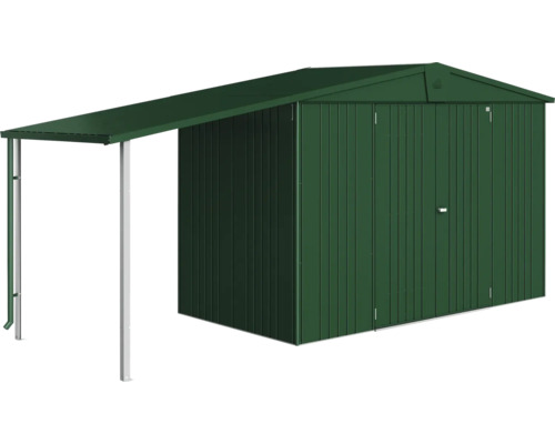Gartengerätehaus mit Vordach für zusätzlichen Stauraum im Außenbereich.