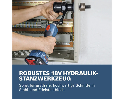 Bediener mit hydraulischem Stanzwerkzeug zum Stanzen eines Lochs in einen Schaltschrank
