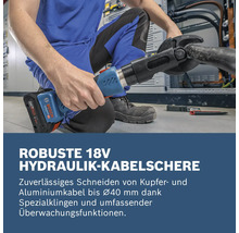 Mann schneidet mit einer Bosch 18V Hydraulik-Kabelschere ein Kabel.