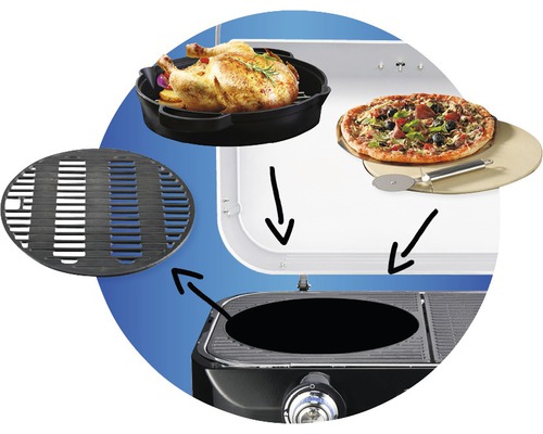 Detailansicht eines Gasgrills mit Zubehör wie Pizzastein, Grillrost und Bräter mit Hähnchen