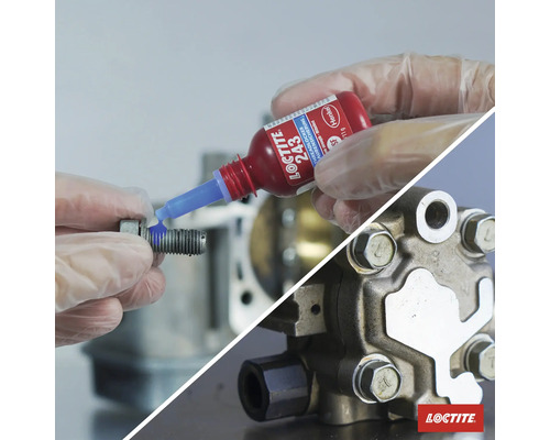"Loctite Schraubensicherung wird auf eine Schraube aufgetragen, im Hintergrund eine Maschine
