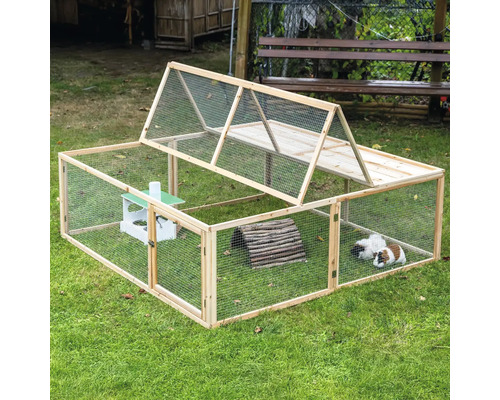Freilaufgehege für Kleintiere aus Holz mit Netzabdeckung und Zubehör