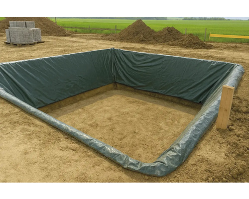 Quadratischer Teich vorbereitet mit Teichfolie