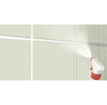 Sprühflasche reinigt Fliesenwand