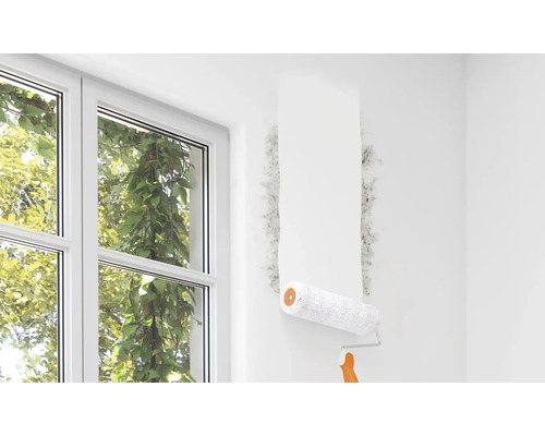 Ein Raum mit Fenster und Schimmelbefall an der Wand, der mit einer Farbwalze behandelt wird.