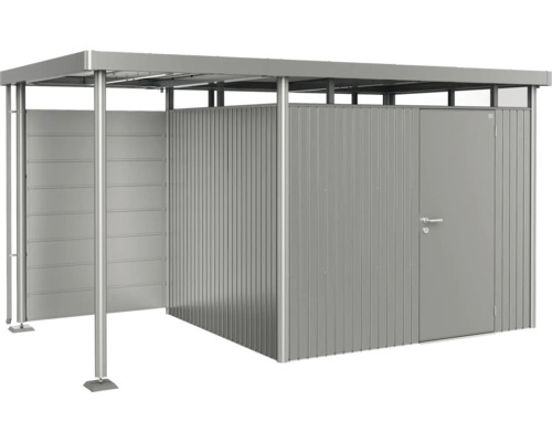 Metall Gerätehaus mit Tür und offenem Bereich zur Aufbewahrung von Gartengeräten