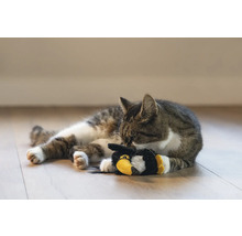 Getigerte Katze liegt mit Spielzeug auf dem Boden.