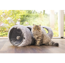 Katze vor einem flauschigen Katzentunnel mit Spielball