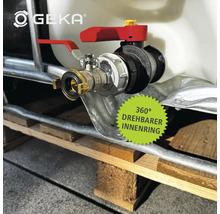 GEKA Logo. Wasserhahn an einem IBC Container mit 360 Grad drehbarem Innenring.