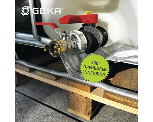 GEKA Logo. Wasserhahn an einem IBC Container mit 360 Grad drehbarem Innenring.