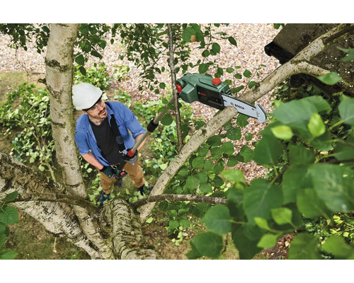 Mann mit Helm und Sicherheitsausrüstung benutzt eine Hochentaster Säge von Bosch in einem Baum.