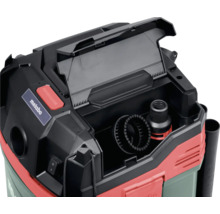 Metabo Logo. Industriesauger mit geöffnetem Zubehörfach.