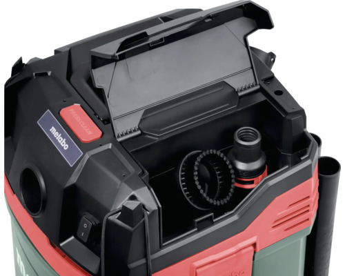 Metabo Logo. Industriesauger mit geöffnetem Zubehörfach.