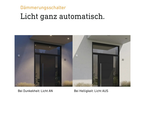 Dämmerungsschalter-Funktionsbeispiel: Licht an bei Dunkelheit, Licht aus bei Helligkeit.