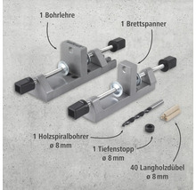 Wolfcraft Dübel-Set bestehend aus Dübellehre, Brettspanner, Holzspiralbohrer, Tiefenanschlag und Langholzdübel