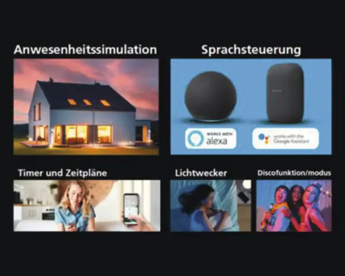 Funktionen von Smart Home Geräten: Anwesenheitssimulation, Sprachsteuerung, Timer, Lichtwecker und Discomodus