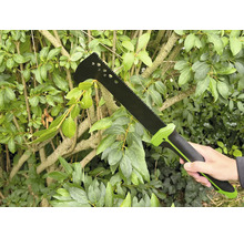 Eine Person hält eine Buschmesser-Gartensäge vor einer grünen Hecke.