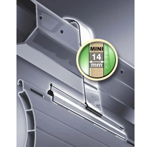 Detailansicht eines Rolladenprofils mit Darstellung der Profilstärke von 14 Millimeter.