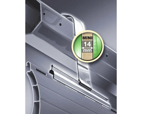 Detailansicht eines Rolladenprofils mit Darstellung der Profilstärke von 14 Millimeter.