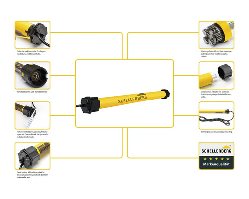 Schellenberg Rohrmotor mit Produktdetails und Schellenberg Logo