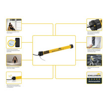 Schellenberg Rollladenantrieb mit Funktionen und Logos im Überblick.