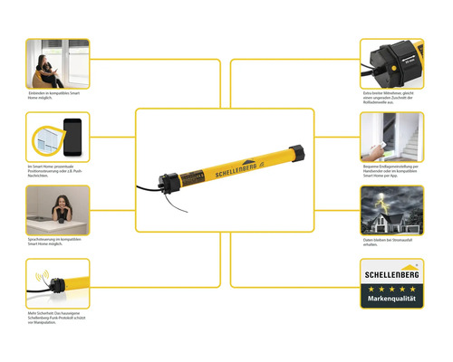 Schellenberg Rollladenantrieb mit Funktionen und Logos im Überblick.