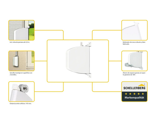 Illustration eines Schellenberg Aufschraubwicklers mit 5.0 Meter Gurtband und Markenqualitäts-Siegel
