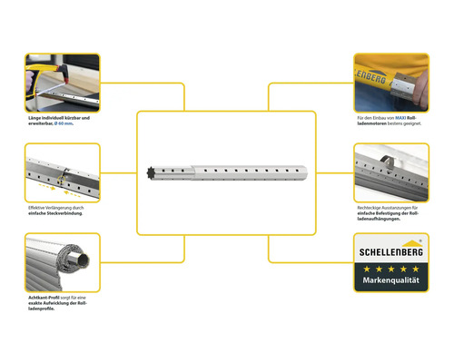 Achtkant-Rolladenwelle mit Informationen zu individueller Kürzung, Verlängerung, Steckverbindung, rechteckigen Ausstanzungen und Schellenberg-Markenqualität
