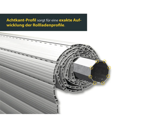 Detailansicht eines Rollladenprofils mit Achtkantwelle.