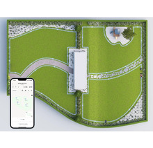 Draufsicht eines Gartens mit Rasenflächen, Wegen und einem Mähroboter, der per Smartphone-App gesteuert wird