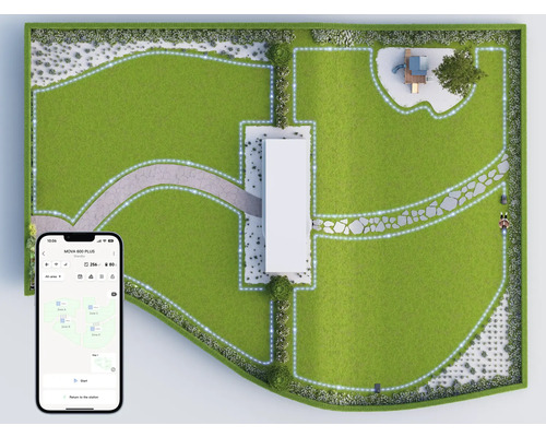 Draufsicht eines Gartens mit Rasenflächen, Wegen und einem Mähroboter, der per Smartphone-App gesteuert wird
