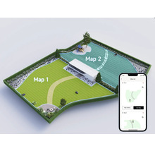 Darstellung einer Rasenfläche mit zwei unterschiedlichen Mähzonen, die in einer Smartphone App visualisiert werden.