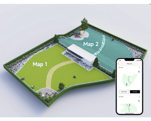 Darstellung einer Rasenfläche mit zwei unterschiedlichen Mähzonen, die in einer Smartphone App visualisiert werden.