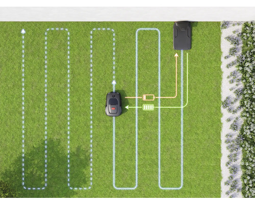 Rasenroboter fährt auf einer Rasenfläche mit Ladestation