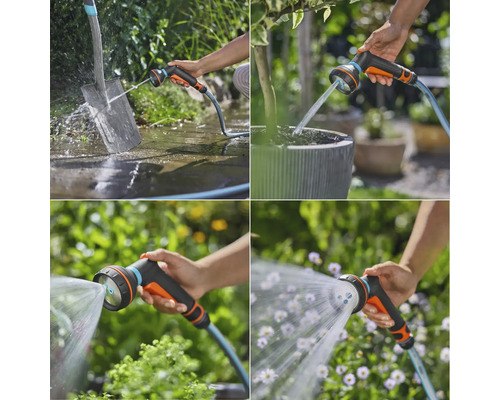 Collage verschiedener Anwendungen eines Gartenbrausekopfes