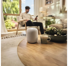 Smart Speaker auf einem Holztisch in einem Wohnzimmer