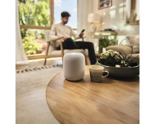 Smart Speaker auf einem Holztisch in einem Wohnzimmer