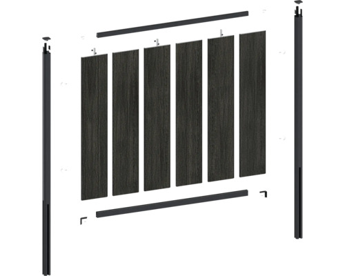 WPC Sichtschutzzaun Bausatz mit sechs Füllungen und Montagepfosten