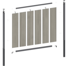 Explosionszeichnung eines Zaunelements mit Pfosten, Querstreben und Füllprofilen.