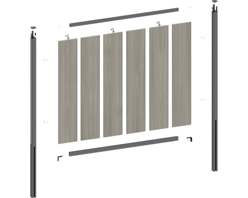 Explosionszeichnung eines Zaunelements mit Pfosten, Querstreben und Füllprofilen.