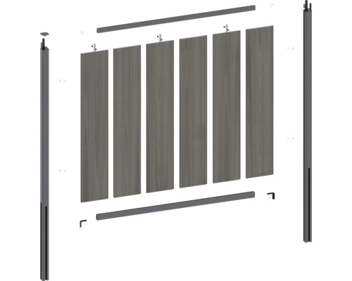 Einzelteile eines Zaunelements mit Pfosten, Querstreben und Lamellen
