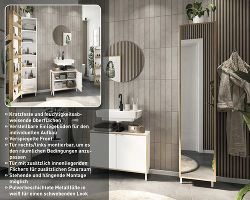 Badezimmer mit Waschtischunterschrank, Spiegelschrank und Spiegel