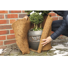 Person wickelt Pflanztopf mit Winterschutzmatte ein