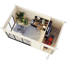 Innenansicht eines Gartenhauses mit Büro, Sitzecke und Rasenmäher