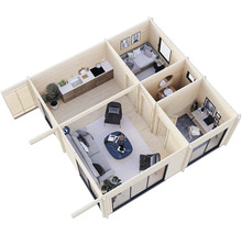 Grundriss eines Holzhauses mit Wohnzimmer, Küche, Schlafzimmer, Bad und Büro