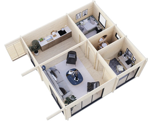 Grundriss eines Holzhauses mit Wohnzimmer, Küche, Schlafzimmer, Bad und Büro