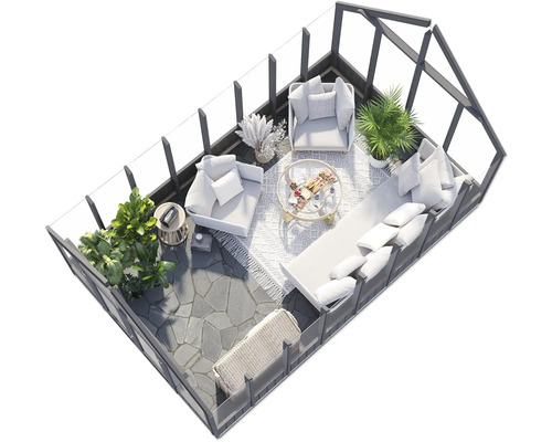 Innenraumszene mit Sitzgruppe, Tisch und Pflanzen im Gewächshaus