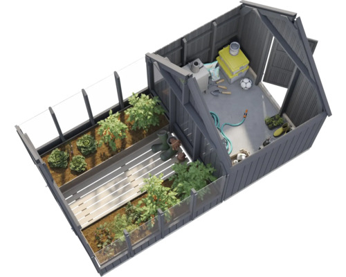 Gewächshaus mit Pflanzenbeeten und Gartengeräten