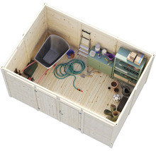 Holzgartenhaus mit Schubkarre, Gartenschlauch, Leiter, Schrank und Gartenutensilien